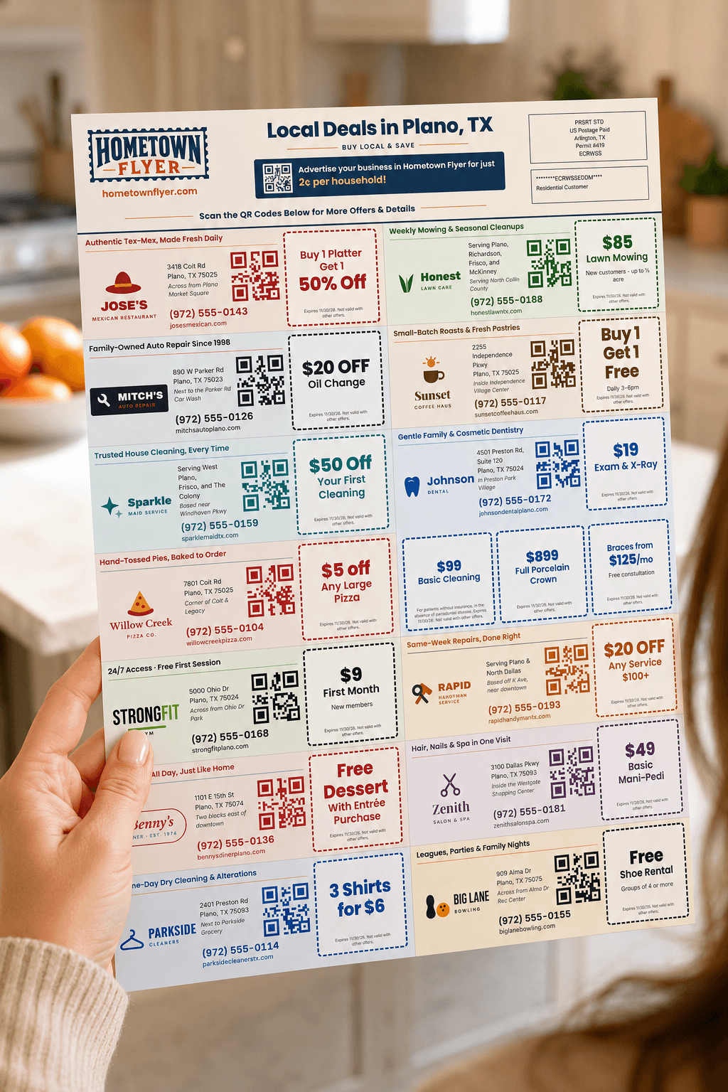 A Hometown Flyer held in a kitchen, showing local business offers with QR codes
